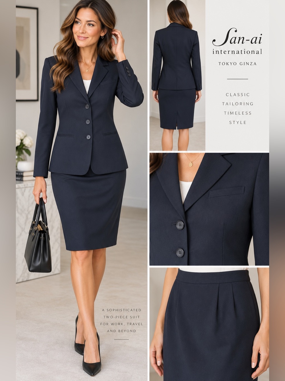 San-ai Tokyo Ginza Navy Skirt Suit Blazer Set Size XS Quiet Luxury Classic